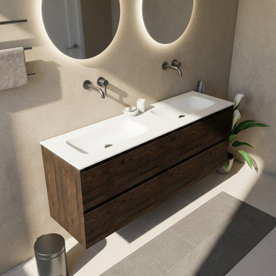 Saniclass Holz Pure Ensemble de meuble de salle de bains - 160x45x61.5cm - Flow lavabo en solid surface blanc - 2 vasques - sans trous de robinetterie - 4 tiroirs - chêne charcoal mat (bois)