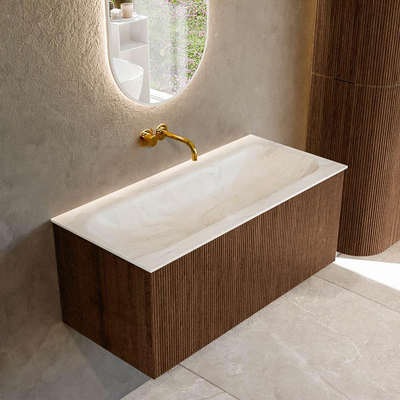 MONDIAZ KURVE-DLUX 100cm badmeubel kleur Walnut met 1 lade. Wastafel BIG MEDIUM midden zonder kraangat kleur Ostra.