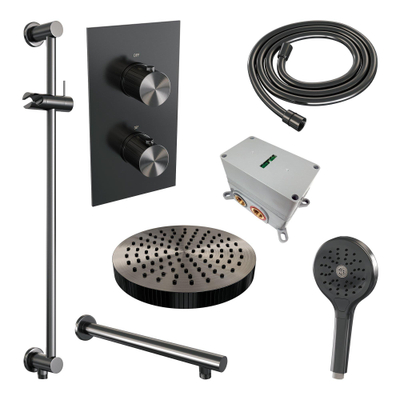 BRAUER Stripe Thermostatische Inbouw Regendouche - 3-weg - rechthoekig - SET 22 - 25cm douchekop - rechte muurarm - 3-standen handdouche - doucheslang - geïntegreerde glijstang - gunmetal geborsteld PVD