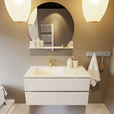 Mondiaz VICA-DLUX Ensemble de meuble de salle de bain - 100cm - meuble sous-vasque lin - 2 tiroirs - lavabo encastré nuage gauche - 1 trou de robinet - version haute de 60cm - opalo