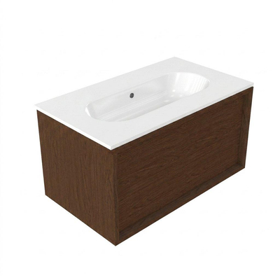 Saniclass Holz Frame Ensemble meuble de salle de bains - 80x45x53.9cm - Vasque en céramique Chaci blanche - 1 vasque - sans trou de robinet - 1 tiroir - walnut pure mat (bois)