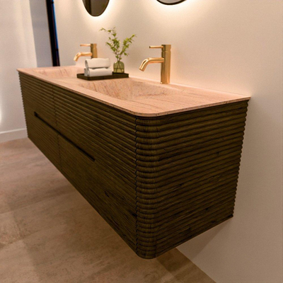 Mondiaz CIRO-DLUX Meuble de salle de bains - 160x45x50cm - Plan vasque Solid surface Saba - 2 vasques Double - 2 trous de robinetterie - 4 tiroirs - Shadow