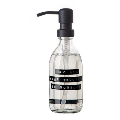 Wellmark Savon liquide verre clair pompe noire 250ml texte QUE TOUS VOS SOUCIS SOIENT DES BULLES Étiquette noire MODÈLE D'EXPOSITION