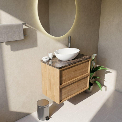 Saniclass Holz Frame Ensemble de meubles de salle de bains - 80x45x63cm - Plan de toilette en pierre naturelle Noche dark emperador - 1 trou de robinet - 2 tiroirs - chêne natural mat (bois)