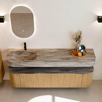 MONDIAZ THOR-DLUX 180cm badmeubel ronding links + rechts kleur Oak met 2 lades en 2 deuren. Vrijhangende wastafel CLOUD Links 1 kraangat kleur Oza.