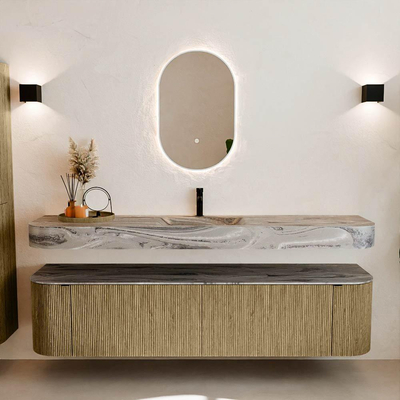 MONDIAZ THOR-DLUX Meuble de salle de bains 190cm arrondi gauche + droite couleur Dusk avec 2 tiroirs et 2 portes. Vasque suspendue CLOUD Milieu 1 trou de robinet couleur Sombra.