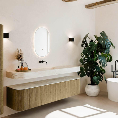 MONDIAZ THOR-DLUX 190cm meuble de salle de bains arrondi gauche + droite couleur Dusk avec 2 tiroirs et 2 portes. Vasque suspendue CLOUD Milieu sans trou de robinet couleur Ostra.