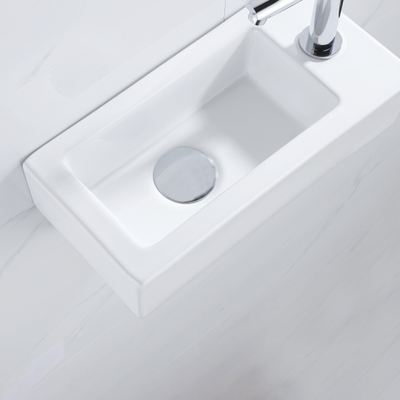 QeramiQ Fuente pack lave-mains – 37,5 x 18,5 x 9 cm – céramique blanc brillant – perçage à droite – robinet chromé