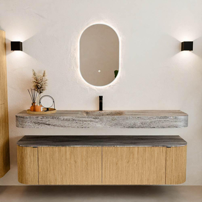 MONDIAZ THOR-DLUX 180cm meuble de salle de bains arrondi gauche + droite couleur Oak avec 2 tiroirs et 2 portes. Vasque suspendue CLOUD Milieu 1 trou de robinet couleur Oza.