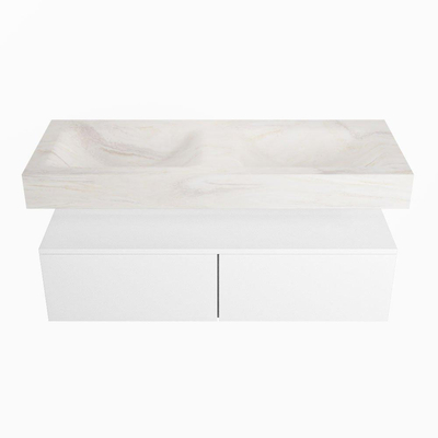Mondiaz ALAN-DLUX Ensemble de meuble - 120cm - meuble Talc mat - 2 tiroirs - Lavabo Cloud Ostra suspendu - vasque Gauche et droite - 2 trous de robinet