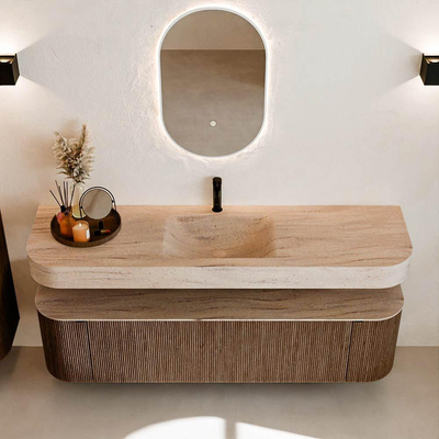 MONDIAZ THOR-DLUX Meuble de salle de bains 170cm arrondi gauche + droite couleur Walnut avec 1 tiroir et 2 portes. Vasque suspendue CLOUD Milieu 1 trou de robinet couleur Saba.