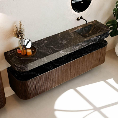 MONDIAZ THOR-DLUX Meuble de salle de bains 190cm arrondi gauche + droite couleur Walnut avec 2 tiroirs et 2 portes. Vasque suspendue CLOUD Droite sans trou de robinet couleur Lava.