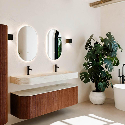 MONDIAZ THOR-DLUX 150cm meuble de salle de bains arrondi gauche + droite couleur Ruby avec 1 tiroir et 2 portes. Vasque suspendue CLOUD Double 2 trous de robinet couleur Ostra.