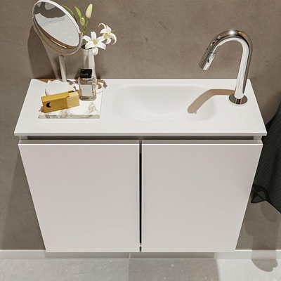 MONDIAZ TURE Kit lave-mains - 60x23x50cm - 1 trou de robinet - 2 portes - lin mat - Lavabo à droite - Solid Surface Blanc
