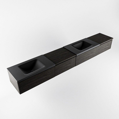 MONDIAZ BUKLA 280cm ensemble de meuble avec module 60 gauche couleur Marron Foncé avec 4 tiroirs. Lavabo CLOUD double 2 trous de robinet couleur Urban.