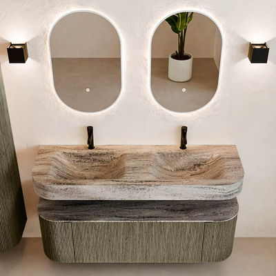 MONDIAZ THOR-DLUX 140cm meuble de salle de bains arrondi gauche + droite couleur Shadow avec 1 tiroir et 2 portes. Vasque suspendue CLOUD Double 2 trous de robinet couleur Oza.