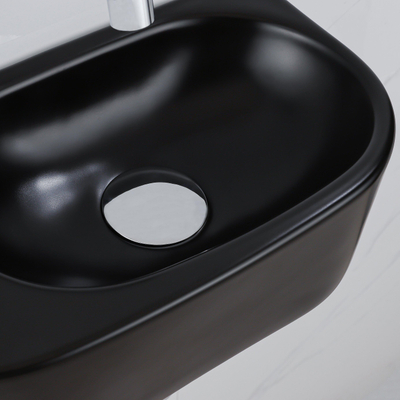 QeramiQ Fuente Ensemble de Lavabo - 40x21.5x12cm - lisse - demi-rond - céramique - ensemble de robinet chrome - bouchon de vidange - siphon abaissé - noir mat