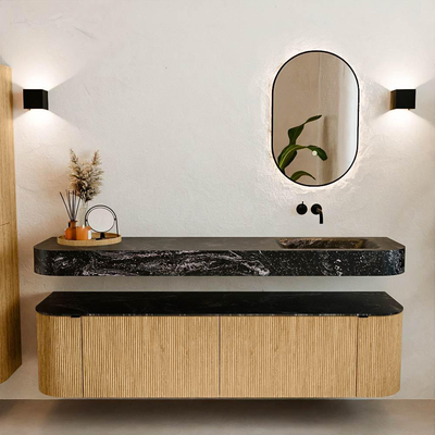 MONDIAZ THOR-DLUX 180cm meuble de salle de bains arrondi gauche + droite couleur Chêne avec 2 tiroirs et 2 portes. Vasque suspendue CLOUD Droite sans trou de robinet couleur Lava.