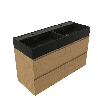 Saniclass Holz Pure Badkamermeubelset - 120x45x72cm - Legend keramische wastafel mat zwart - 2 wasbakken - 2 kraangaten - 4 lades - mat eiken natural (hout)