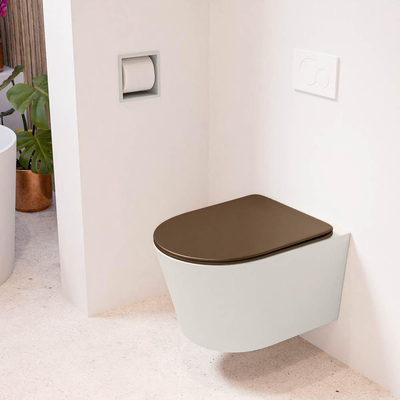 Mondiaz LAVIE hangtoilet – spoelrandloos – 36 x 53 cm – met softclose zitting – Linen (offwhite), zitting Rust (bruin)