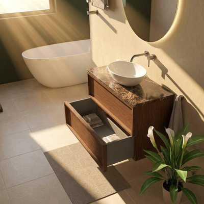 Saniclass Holz Frame Ensemble de meubles de salle de bains - 100x45x63cm - Plan de toilette en pierre naturelle Noche dark emperador - sans trou de robinetterie - 2 tiroirs - walnut pure mat (bois)