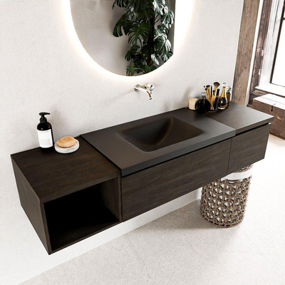 MONDIAZ BUKLA 160cm ensemble de meuble avec module ouvert 40 gauche couleur Marron Foncé avec 2 tiroirs. Lavabo CLOUD centre 0 trous de robinet couleur Urban.