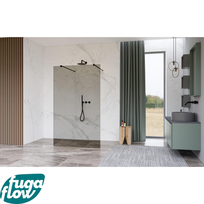 FugaFlow Eccelente Vetro Vrijstaande inloopdouche badkamer - 120x200cm - Rookglas - antikalk - 8mm veiligheidsglas - met wandarmen - Zwart mat -
