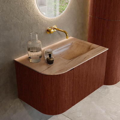 MONDIAZ KURVE-DLUX Meuble de salle de bains 75cm arrondi à gauche couleur Ruby avec 1 tiroir et 1 porte. Lavabo GRUNNE à droite sans trou de robinet Saba.