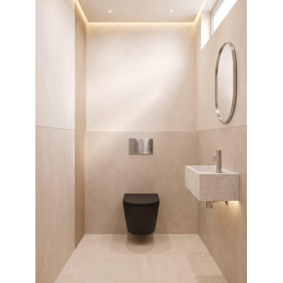 QeramiQ Dely Ensemble WC - 36,3x51,7cm - cuvette profonde - sans bride - réservoir encastré Geberit UP320 - avec cadre Burda - abattant WC softclose - plaque de commande steel - boutons rectangulaires - noir mat