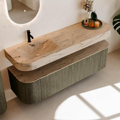 MONDIAZ THOR-DLUX 160cm meuble de salle de bains arrondi gauche + droite couleur Shadow avec 1 tiroir et 2 portes. Vasque suspendue CLOUD gauche 1 trou de robinet couleur Arena.