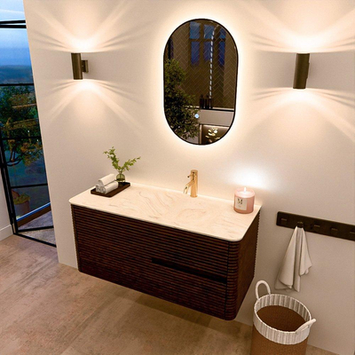 Mondiaz CIRO-DLUX Ensemble meuble de salle de bains - 110x45x50cm - Vasque solid surface Ostra - 1 lavabo à droite - 1 trou de robinet - 2 tiroirs - Noyer