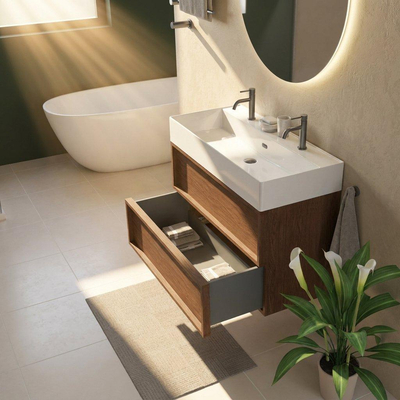 Saniclass Holz Frame Ensemble de meubles de salle de bains - 100x45x72cm - Legend lavabo en céramique blanc - 1 vasque - 2 trous de robinetterie - 2 tiroirs - walnut pure mat (bois)