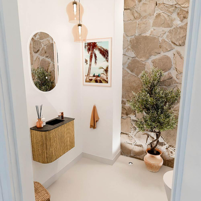 Mondiaz JOYA-DLUX 51.6cm toiletmeubel - ronding links kleur Oak - Wastafel FAYE positie Rechts 1 kraangat kleur Lava.