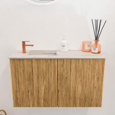 Mondiaz JOYA-DLUX 70cm toiletmeubel - kleur Oak - Wastafel FAYE positie Links 1 kraangat kleur Nata.