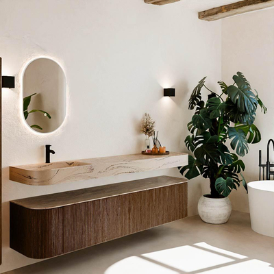 MONDIAZ THOR-DLUX 200cm meuble de salle de bains arrondi gauche + droite couleur Walnut avec 2 tiroirs et 2 portes. Vasque suspendue CLOUD gauche 1 trou de robinet couleur Arena.