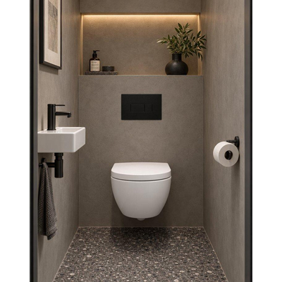 QeramiQ Dely Swirl Ensemble WC Compact - réservoir encastré QeramiQ flush - abattant 25 mm - plaque de commande en métal noir mat - boutons rectangulaires - blanc mat