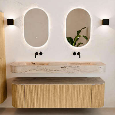 MONDIAZ THOR-DLUX 160cm meuble de salle de bains arrondi gauche + droite couleur Oak avec 1 tiroir et 2 portes. Vasque suspendue CLOUD Double sans trou de robinet couleur Arena.