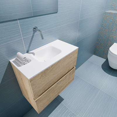 MONDIAZ ADA Toiletmeubel - 60x30x50cm - 0 kraangaten - 2 lades - washed oak mat - wasbak midden - Solid surface - Wit