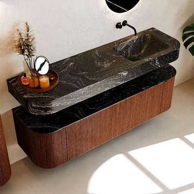 MONDIAZ THOR-DLUX 160cm meuble de salle de bains arrondi gauche + droite couleur Ruby avec 1 tiroir et 2 portes. Vasque suspendue CLOUD droite sans trou de robinet couleur Lava.