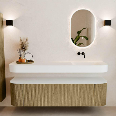 MONDIAZ THOR Meuble de salle de bains - 170cm - arrondi gauche + droite - couleur Dusk - 1 tiroir - 2 portes - Vasque suspendue CLOUD droite sans trou de robinet - couleur Talc