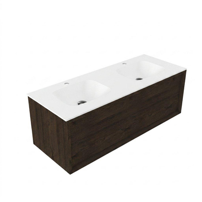 Saniclass Holz Frame Ensemble de meubles de salle de bains - 120x45x41.5cm - Flow lavabo en solid surface blanc - 2 vasques - 2 trous de robinetterie - 1 tiroir - chêne charcoal mat (bois)