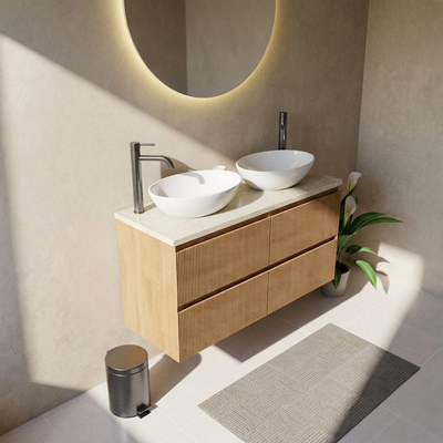 Saniclass Holz Atelier Ensemble de meubles de salle de bains - 120x45x63cm - Plan de toilette en pierre naturelle travertin - 2 trous de robinetterie - 2 tiroirs - chêne natural mat (bois)