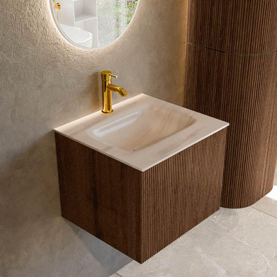 MONDIAZ KURVE-DLUX 50cm badmeubel kleur Walnut met 1 lade en 0 deuren. Wastafel GRUNNE Midden 1 kraangat Meli.