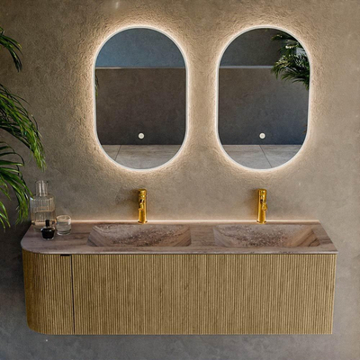 MONDIAZ KURVE-DLUX 145cm badmeubel ronding Links kleur Dusk met 1 lade en 1 deur. Wastafel LEAF Dubbel / Rechts 2 kraangaten Oza.
