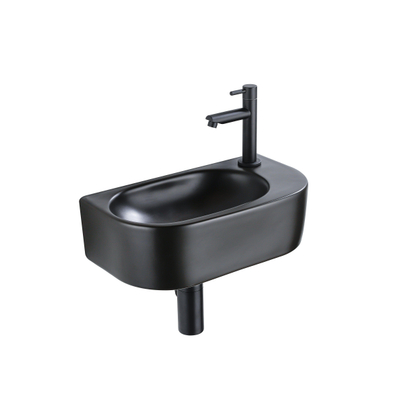 QeramiQ Fuente Ensemble pour lave-mains - 40x21.5x12cm - droit - lisse - demi-rond - 1 trou de robinet - céramique - robinet lave-mains noir mat - bonde - siphon abaissé - noir mat