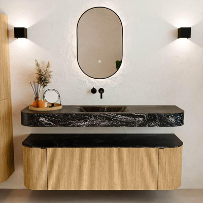 MONDIAZ THOR-DLUX 150cm badmeubel ronding links + rechts kleur Oak met 1 lade en 2 deuren. Vrijhangende wastafel CLOUD Midden zonder kraangat kleur Lava.