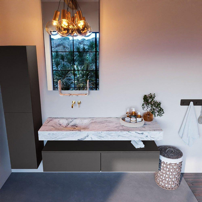 Mondiaz ALAN-DLUX Ensemble de meuble - 150cm - meuble Dark grey mat - 2 tiroirs - Lavabo Cloud Glace suspendu - vasque Gauche - 0 trous de robinet