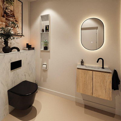 MONDIAZ TURE-DLUX Meuble toilette - 60cm - Washed Oak - EDEN - vasque Opalo - position centrale - 1 trou de robinet