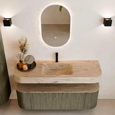 MONDIAZ THOR-DLUX 140cm meuble de salle de bains arrondi gauche + droite couleur Shadow avec 1 tiroir et 2 portes. Vasque suspendue CLOUD Milieu 1 trou de robinet couleur Arena.