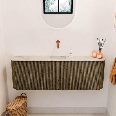 Mondiaz JOYA-DLUX Meuble de salle de bains - 123,2 cm - arrondis gauche et droite couleur Dusk - Vasque FAYE position Milieu Sans trou de robinet couleur Frappe